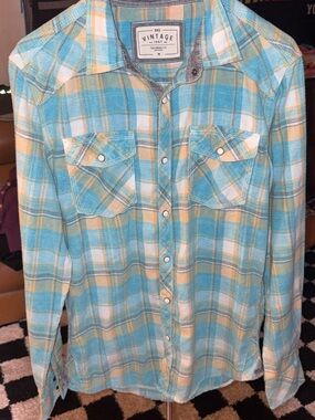 Vintage BKE Plaid Button-Up Shirt in Aqua & Yellow